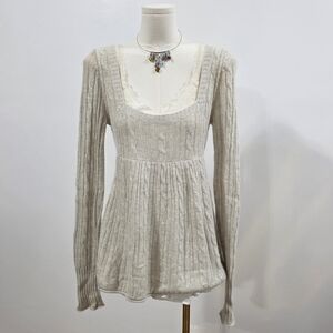 Abercrombie vintage cream grey cable knit square neck sweater babydoll top
